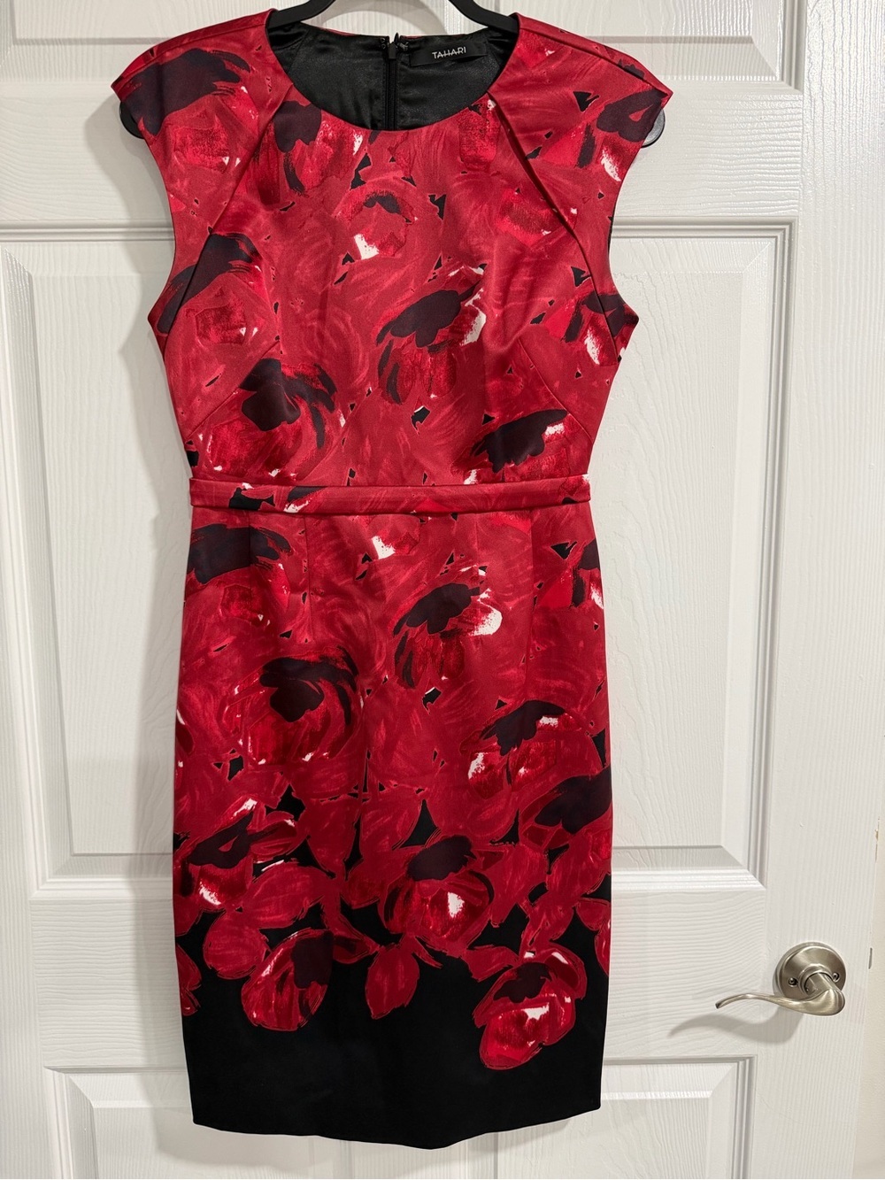 Tahari Red and Black Floral Midi Sheath Dress